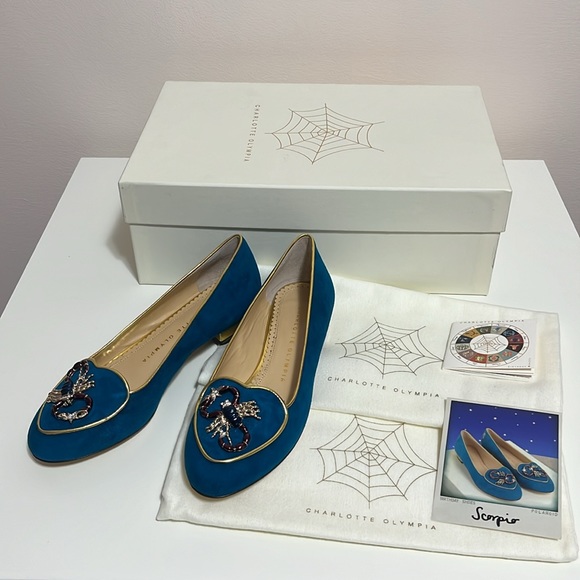 Charlotte Olympia Teal Suede Scorpio Smoking Loafers Size 35 - Picture 8 of 9